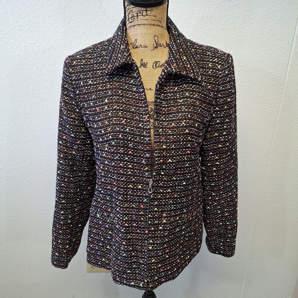 Sag Harbor Tweed Jacket Zippered Lined Multicolored Shoulder Pads Womens Size 10